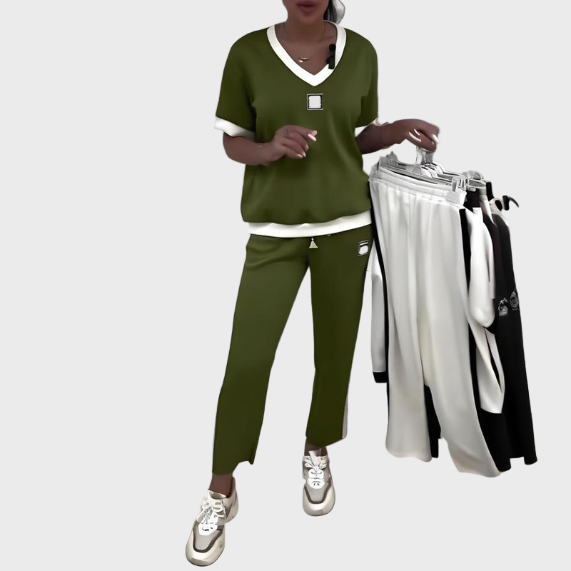 Set casual pentru femei cu top și pantaloni cu decolteu în V