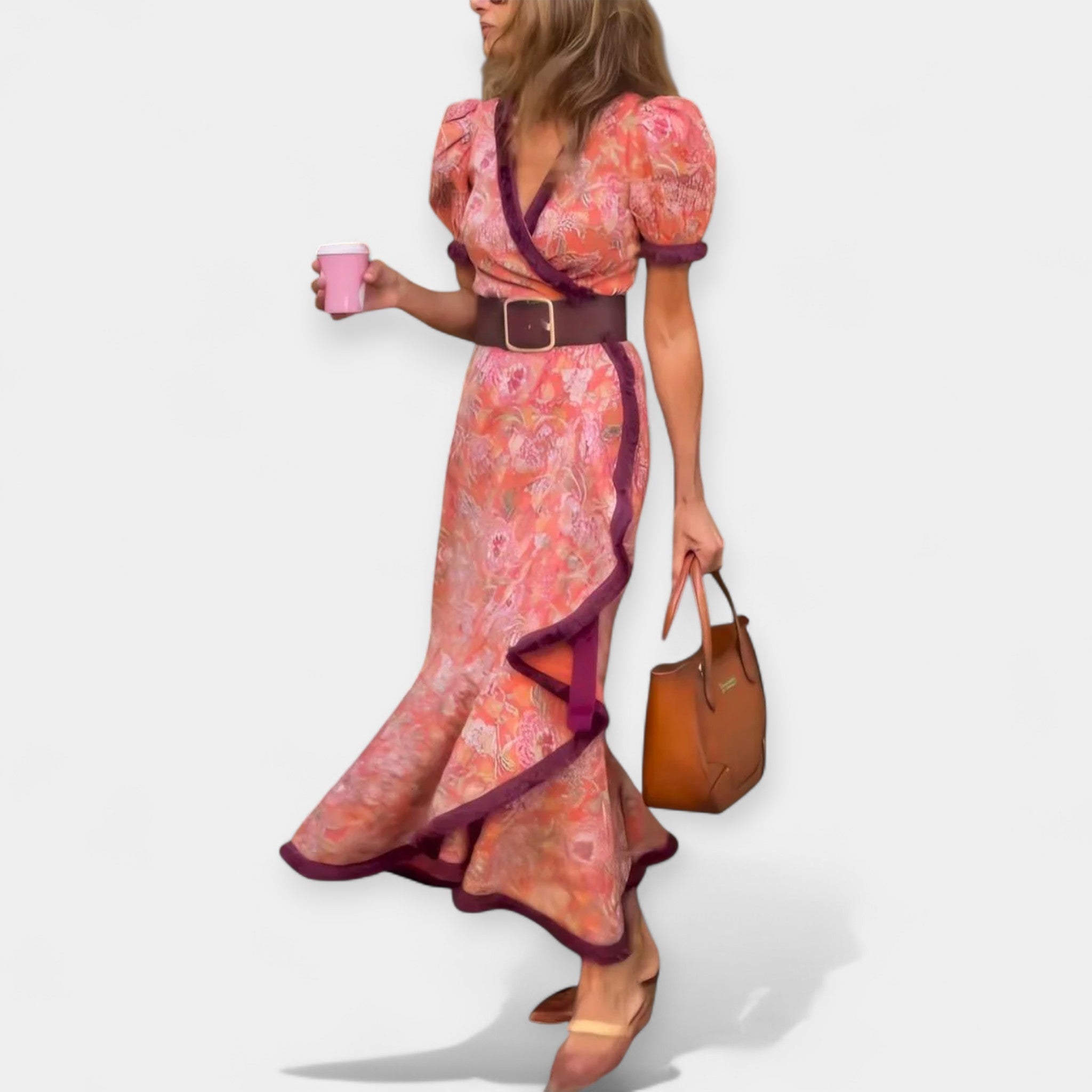 Romantic Dress with Belt and Fluffy Details