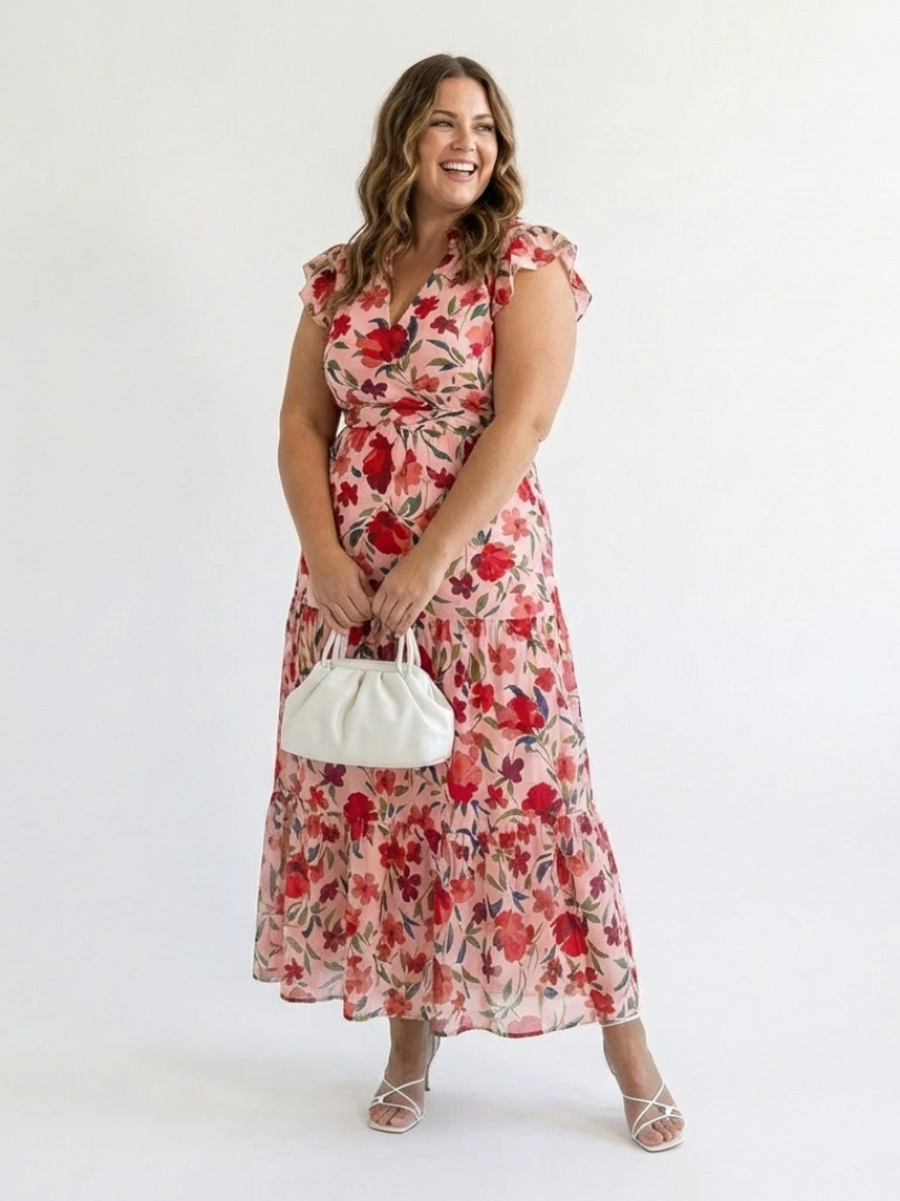 Lila | Rochie midi cu decolteu în V și flori