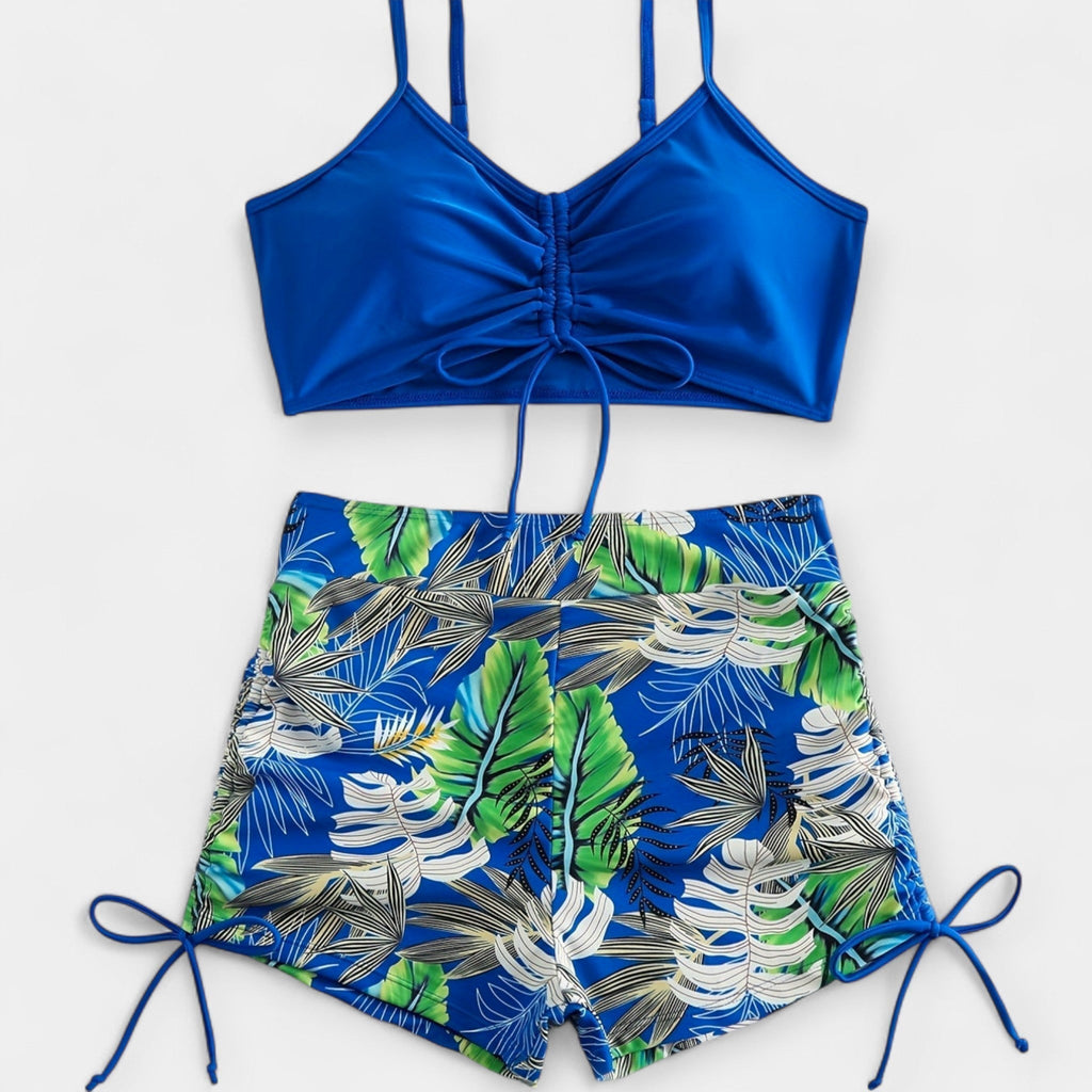 High-Waisted Bikini with Tropical Pattern and Straps