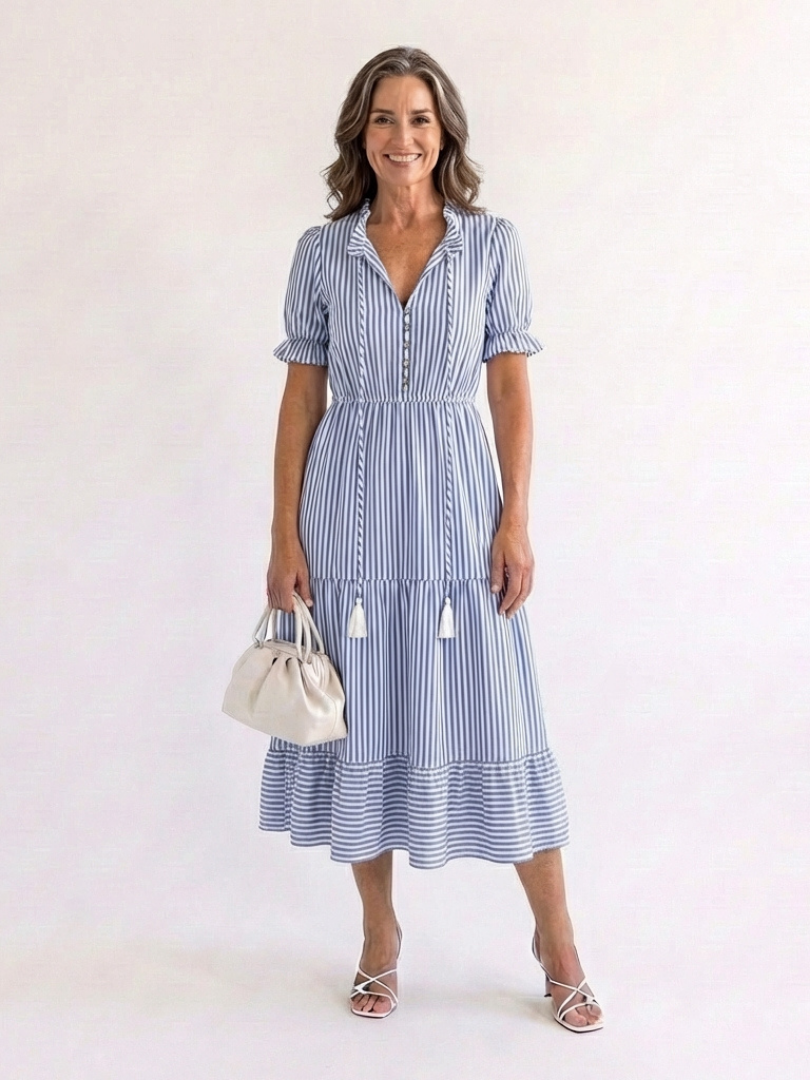 Dakota | Rochie midi cu mânecă scurtă și dungi