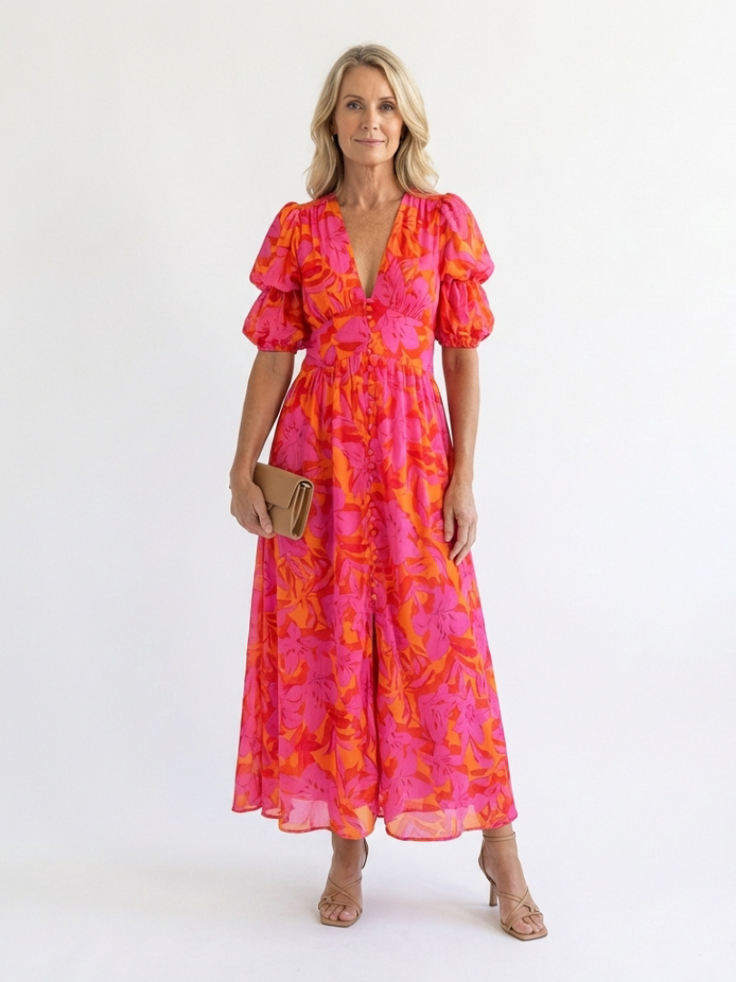 Willow | Rochie Midi cu Mâneci Puff și Decolteu în V cu Model Floral