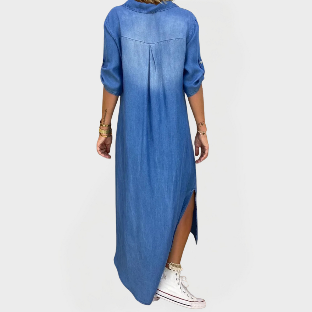 Rochie lungă din denim cu crăpături laterale