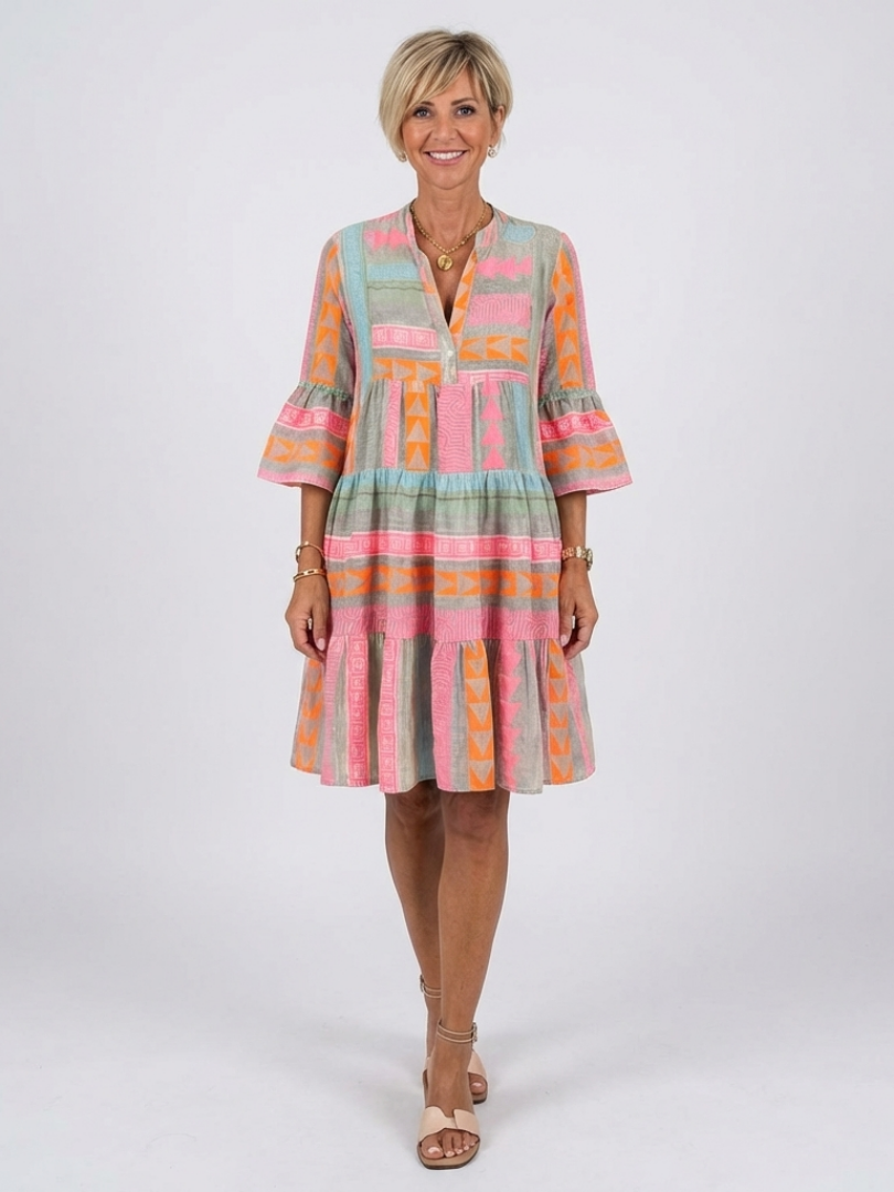 Maelle | Rochie cu imprimeu geometric, decolteu în V, lungime până la genunchi