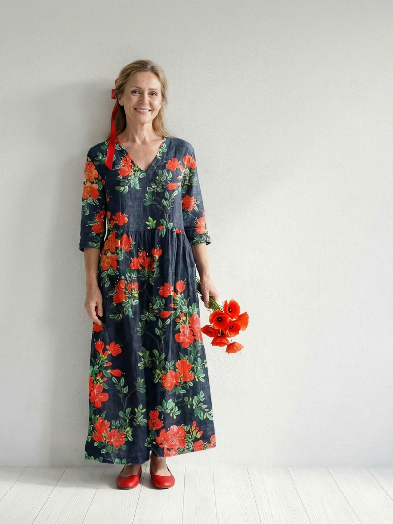 Cyrus | Rochie Midi Floral cu Drapare Calmă
