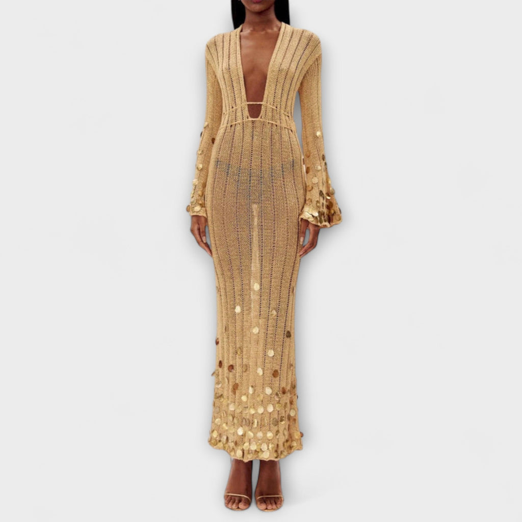 Rochie maxi tricotată aurie de la Dolly