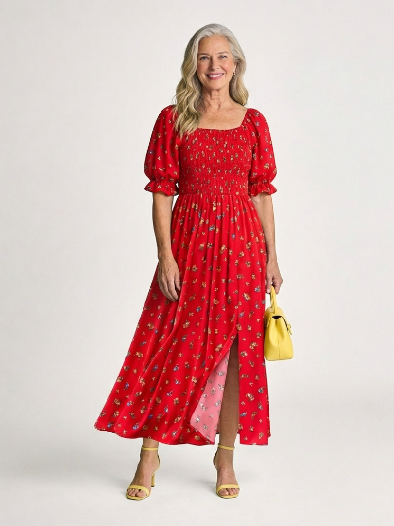 Delphine | Rochie Midi cu Guler Patrat și Mâneci Puff Florale
