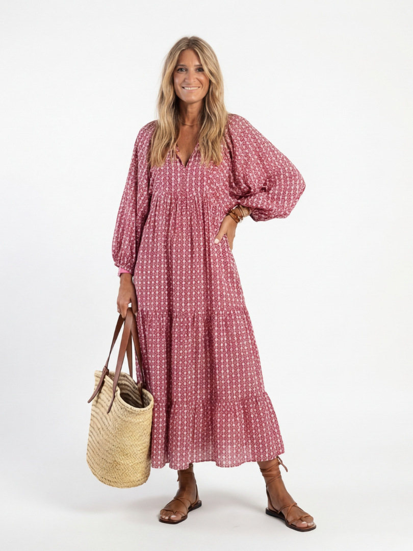 Arlette | Rochie midi cu imprimeu geometric și mâneci lungi