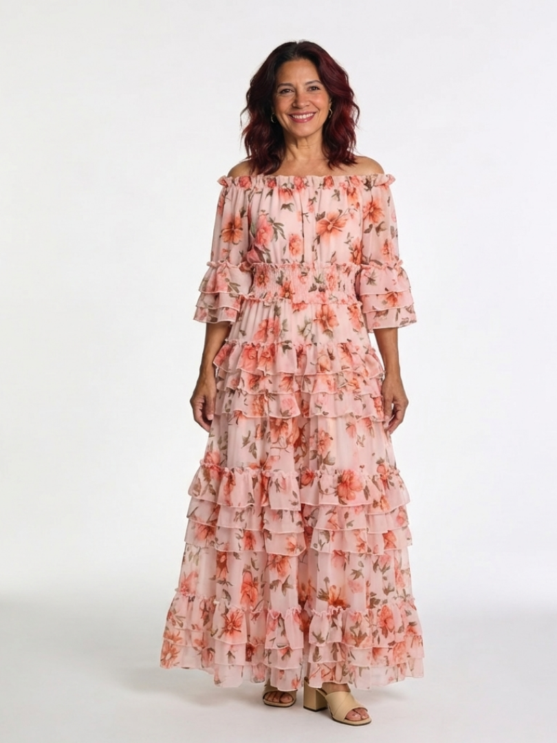 Rosalie | Rochie Maxi cu Flori și Volane pe Umeri