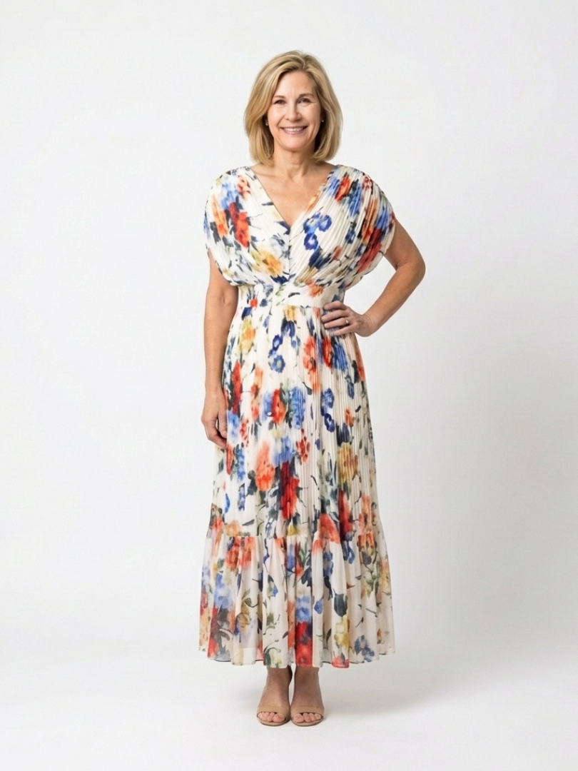 Savannah | Rochie Midi Florală Plisată cu Mâneci Scurte