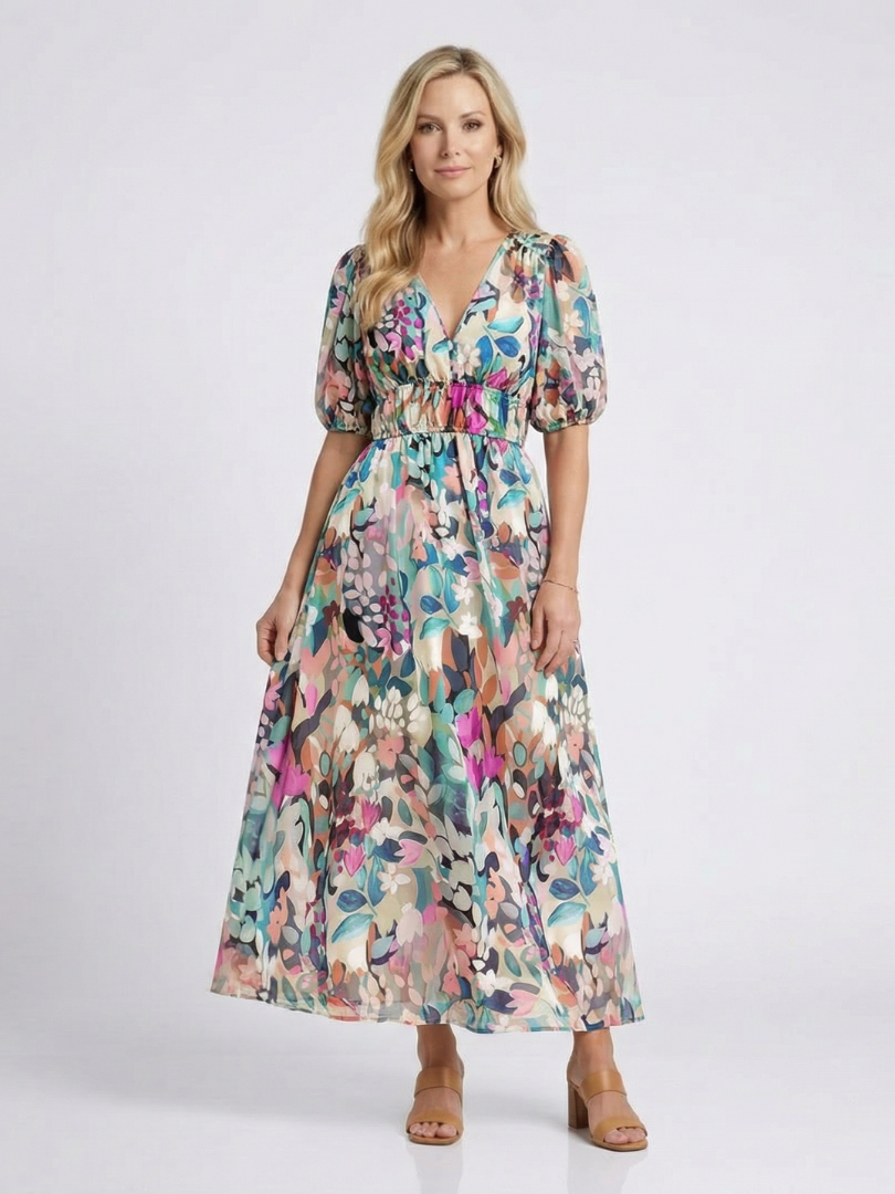 Eulalie | Rochie midi cu decolteu în V și mâneci scurte