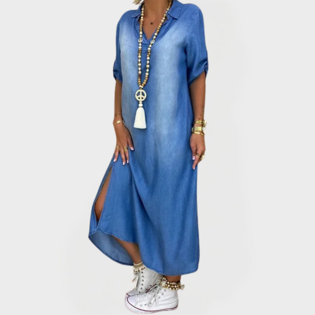 Rochie lungă din denim cu crăpături laterale