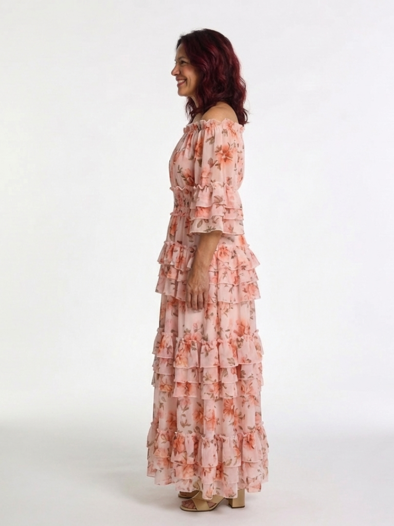 Rosalie | Rochie Maxi cu Flori și Volane pe Umeri