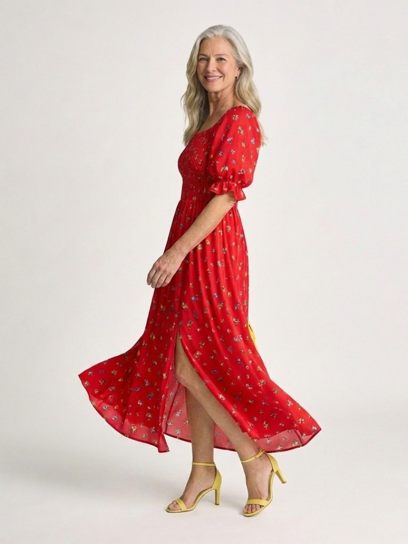 Delphine | Rochie Midi cu Guler Patrat și Mâneci Puff Florale