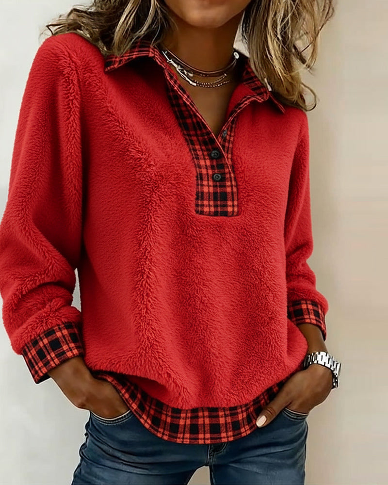 Top with Checkered Collar and Solid Patchwork