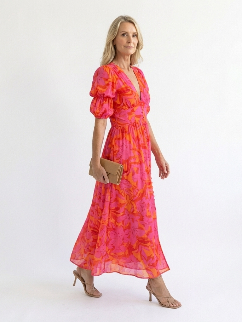 Willow | Rochie Midi cu Mâneci Puff și Decolteu în V cu Model Floral