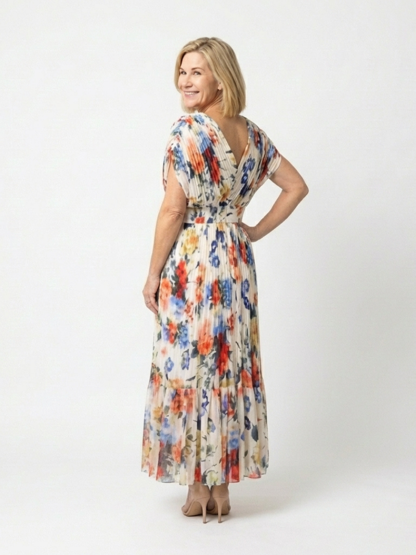Savannah | Rochie Midi Florală Plisată cu Mâneci Scurte