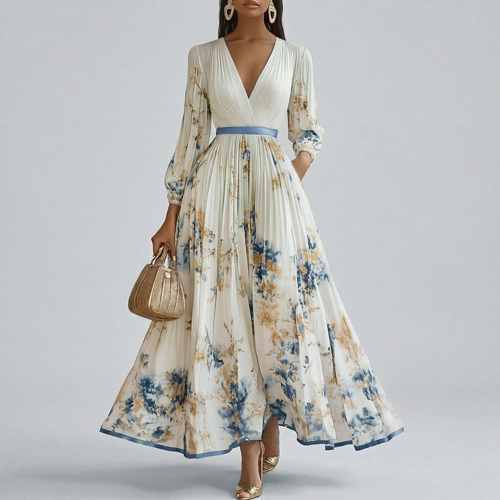 Flora - Rochie lungă maxi cu mânecă lungă, decolteu în V și imprimeu floral