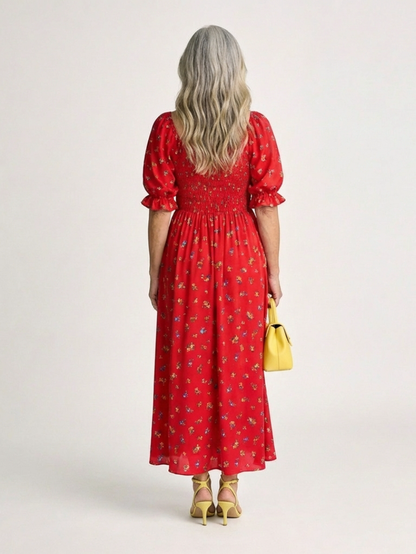 Delphine | Rochie Midi cu Guler Patrat și Mâneci Puff Florale
