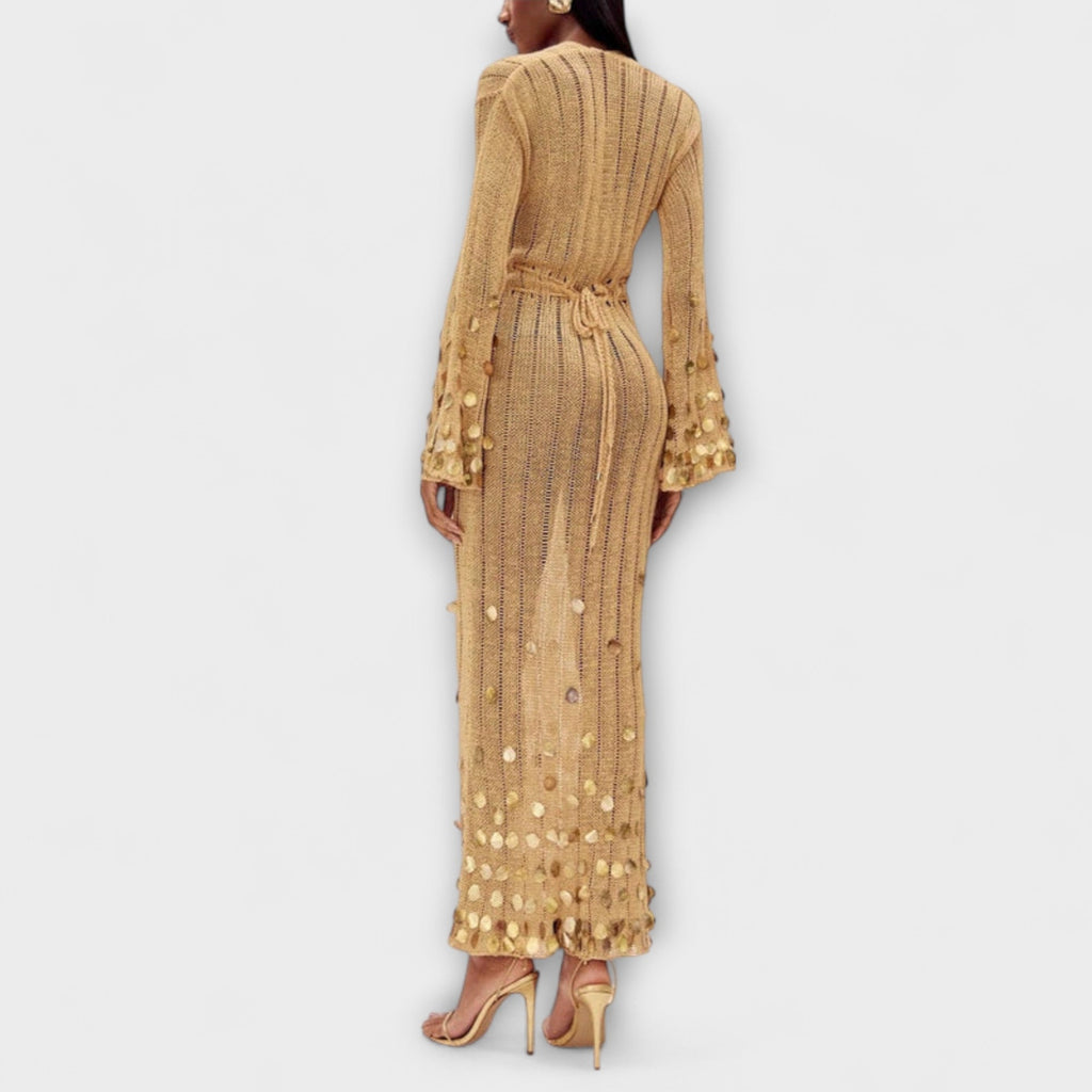 Rochie maxi tricotată aurie de la Dolly