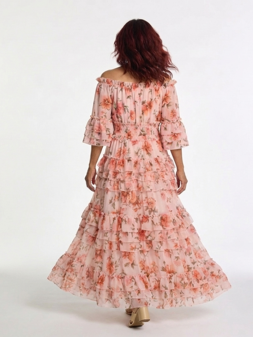 Rosalie | Rochie Maxi cu Flori și Volane pe Umeri