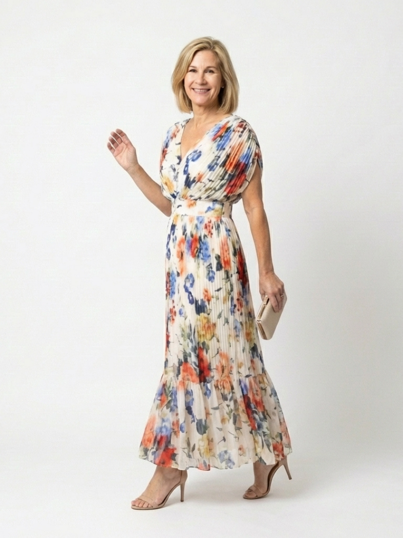 Savannah | Rochie Midi Florală Plisată cu Mâneci Scurte