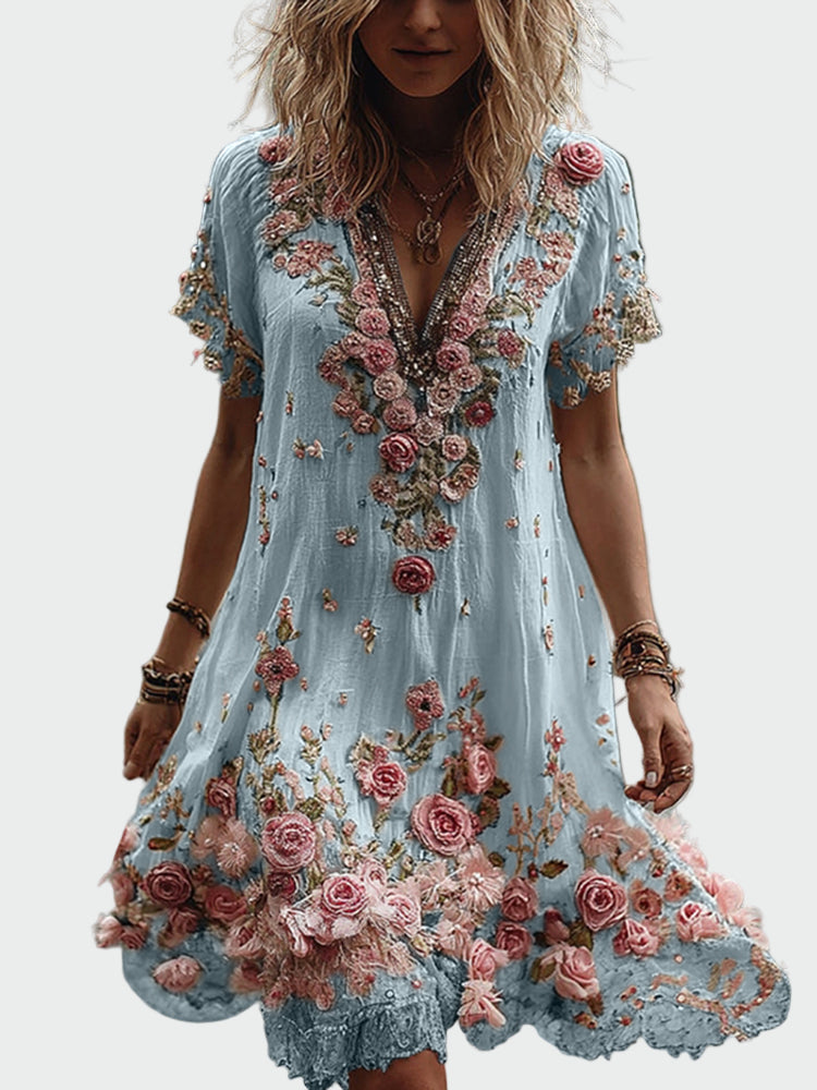 Rochie în stil vintage cu mâneci scurte și broderie florală elegantă