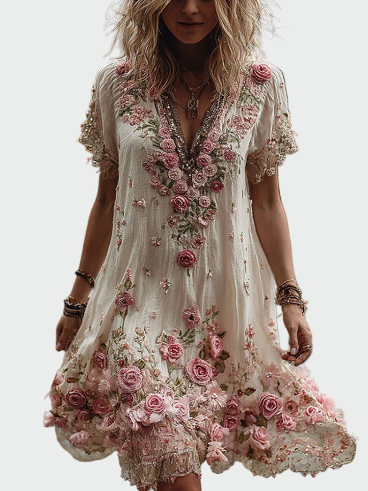 Rochie în stil vintage cu mâneci scurte și broderie florală elegantă