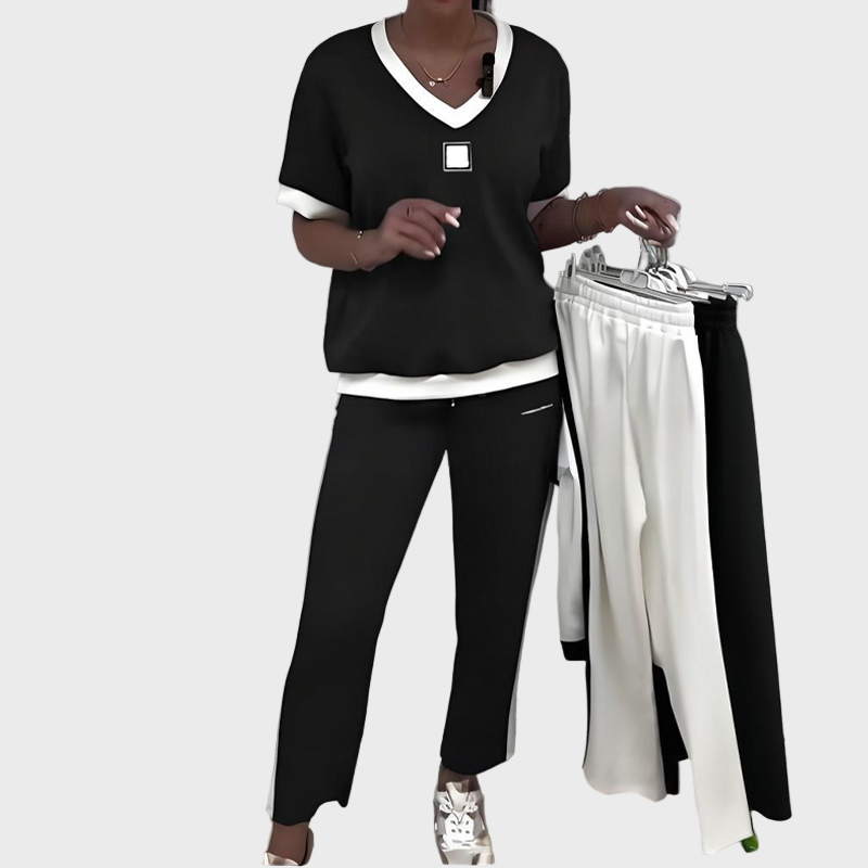 Set casual pentru femei cu top și pantaloni cu decolteu în V