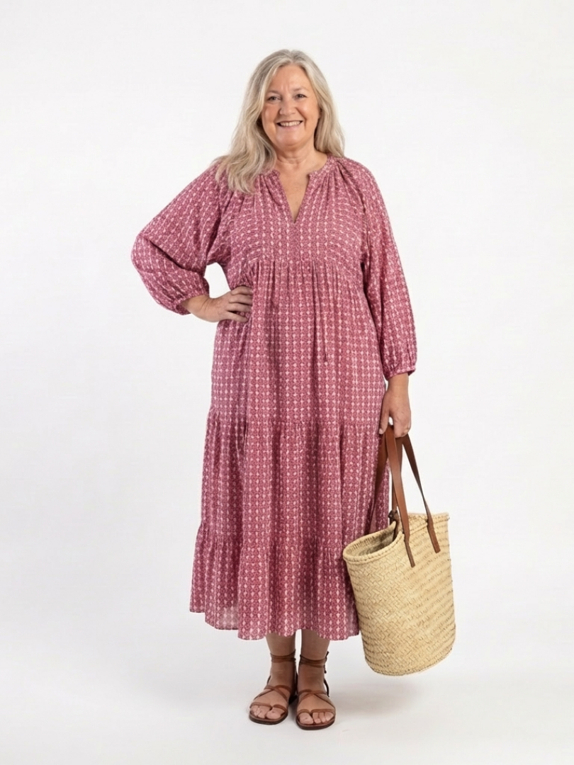 Arlette | Rochie midi cu imprimeu geometric și mâneci lungi