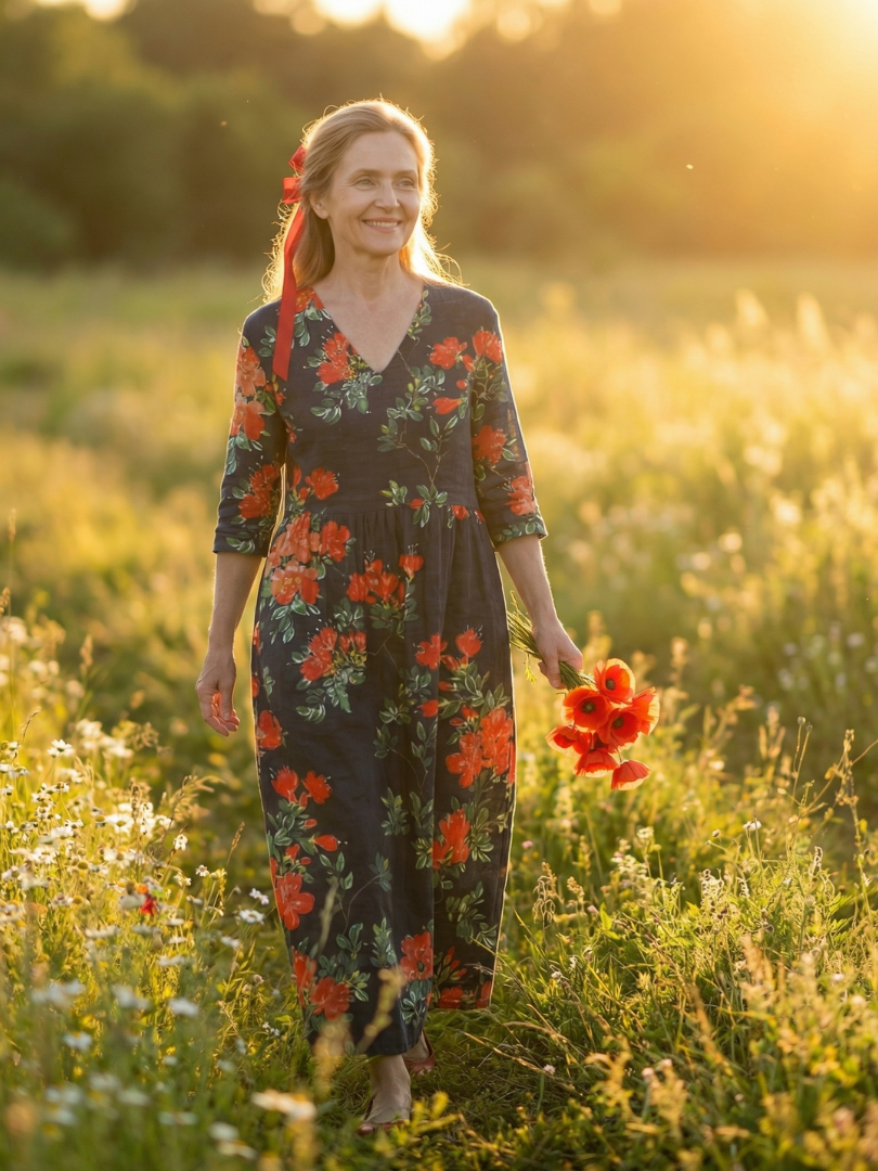 Cyrus | Rochie Midi Floral cu Drapare Calmă