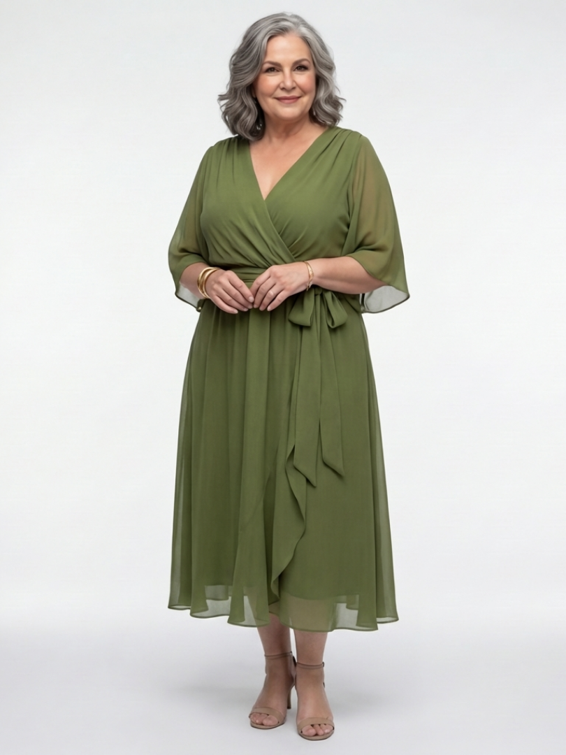 Elysia | Rochie Midi cu Decolteu în V și Talie Drapată