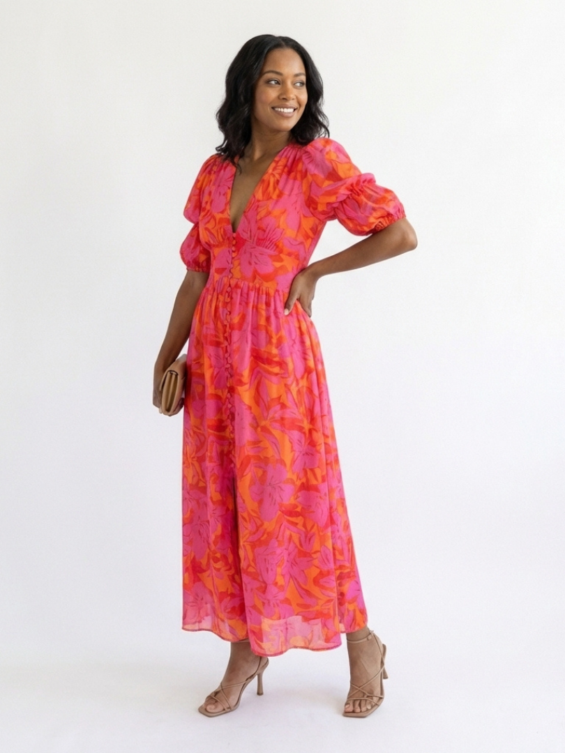 Willow | Rochie Midi cu Mâneci Puff și Decolteu în V cu Model Floral