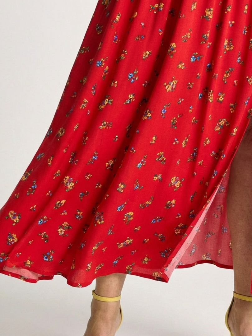 Delphine | Rochie Midi cu Guler Patrat și Mâneci Puff Florale