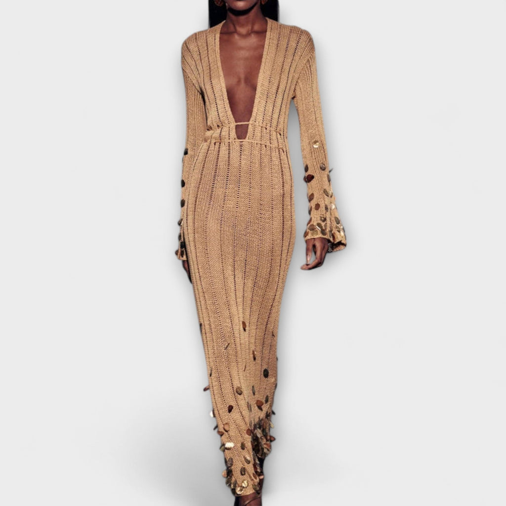 Rochie maxi tricotată aurie de la Dolly