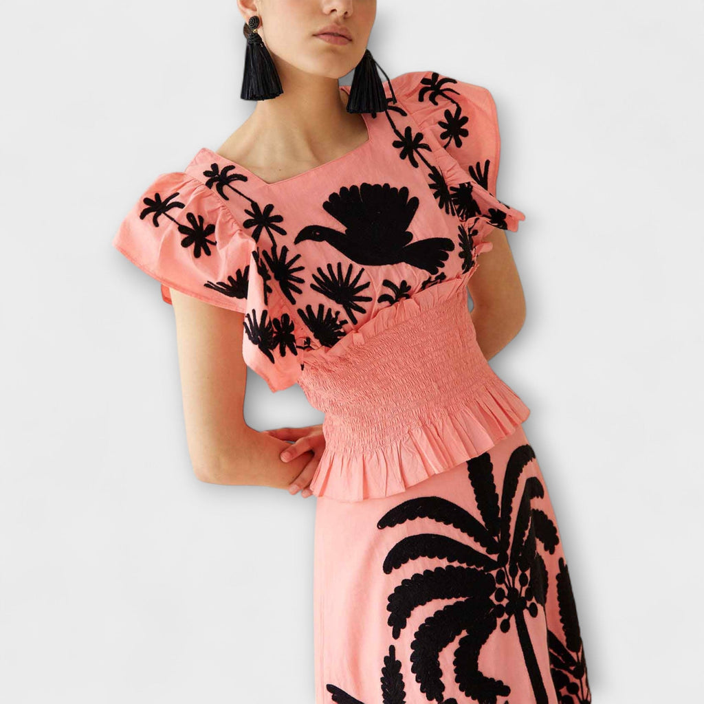 Stylish tank top with palm and tropical bird print