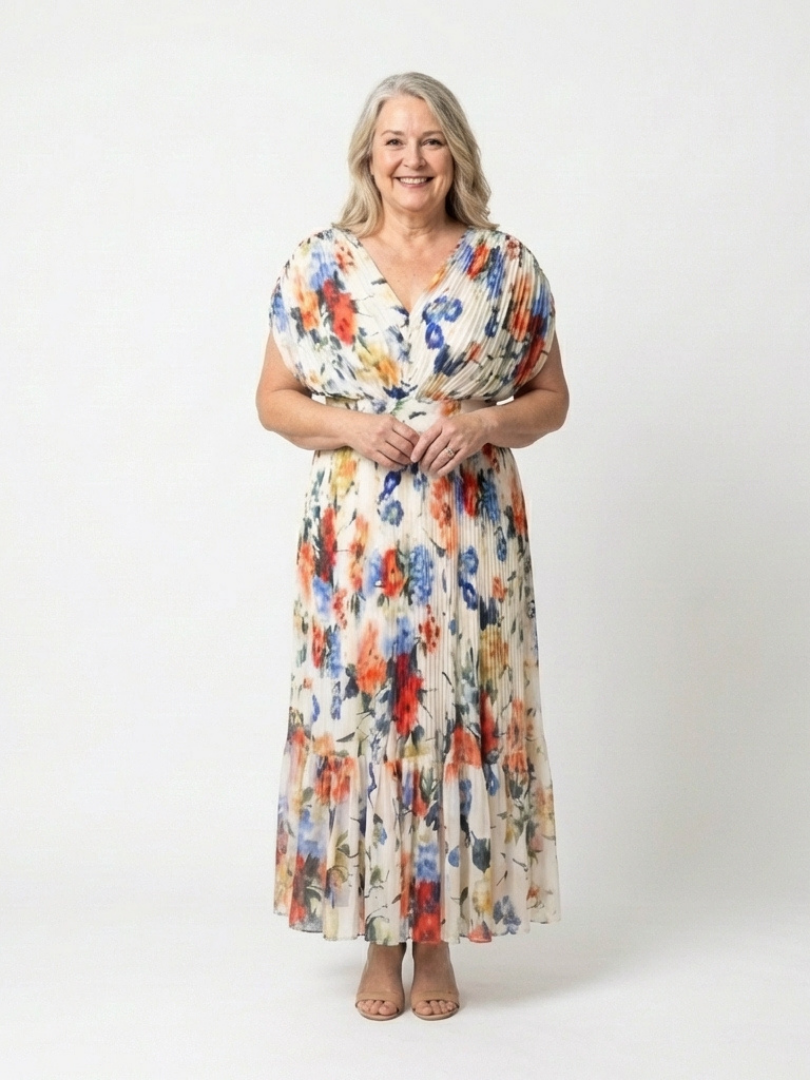 Savannah | Rochie Midi Florală Plisată cu Mâneci Scurte