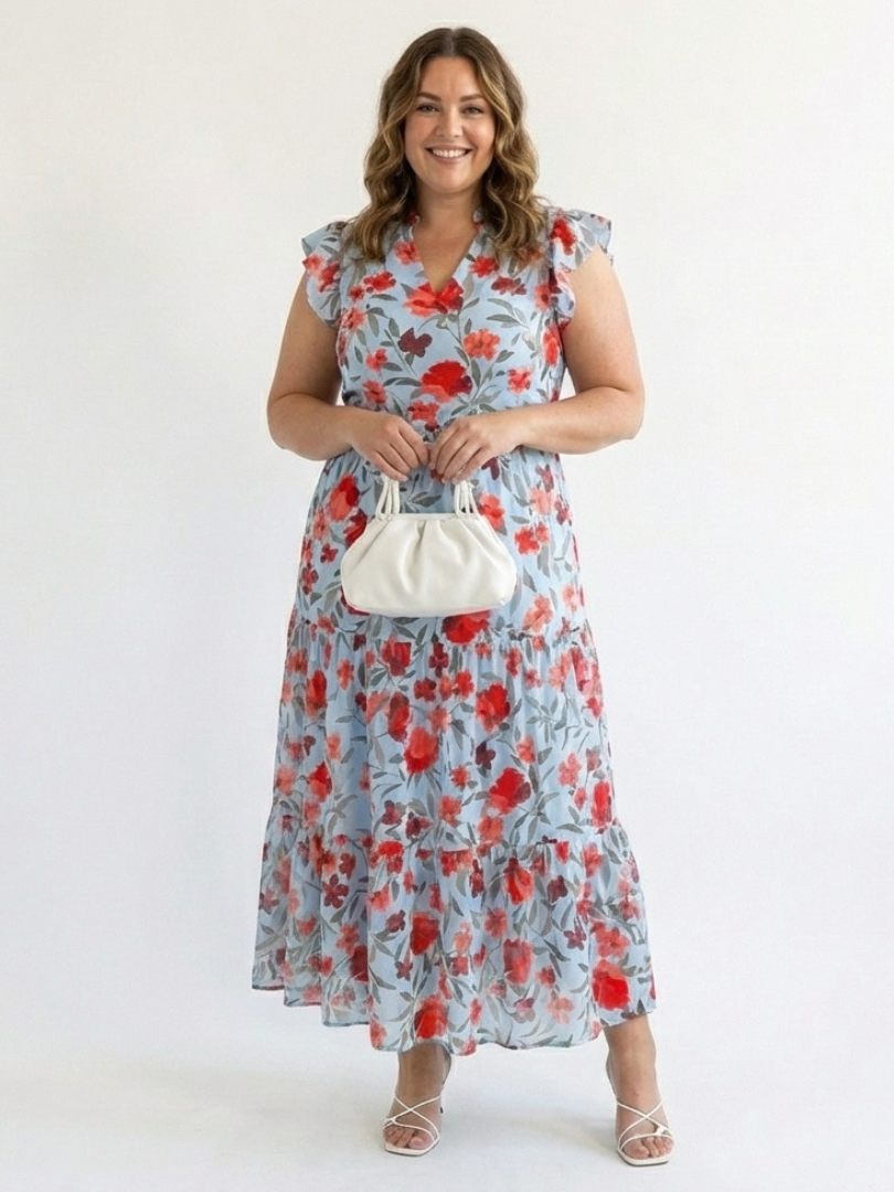 Lila | Rochie midi cu decolteu în V și flori