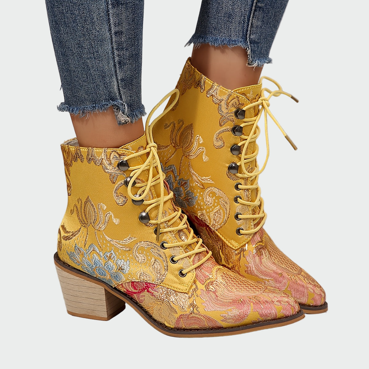 Sandra | Elegant Radiant Leather Ankle Boots with Flowers