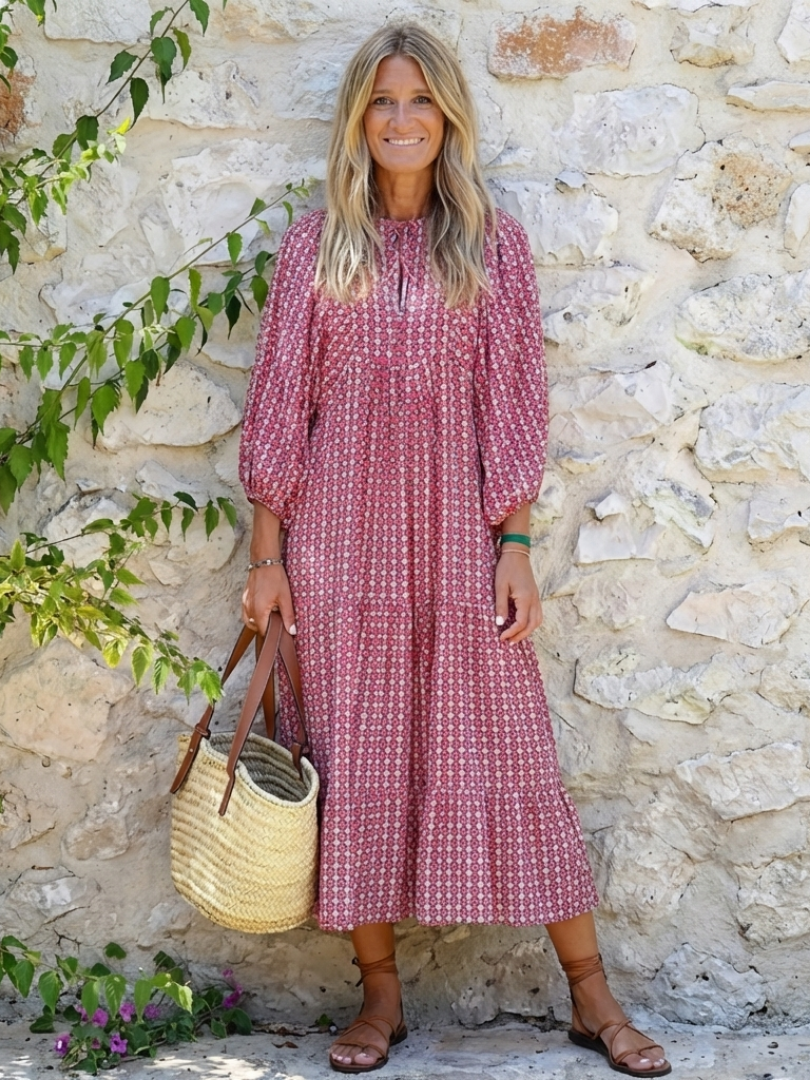 Arlette | Rochie midi cu imprimeu geometric și mâneci lungi