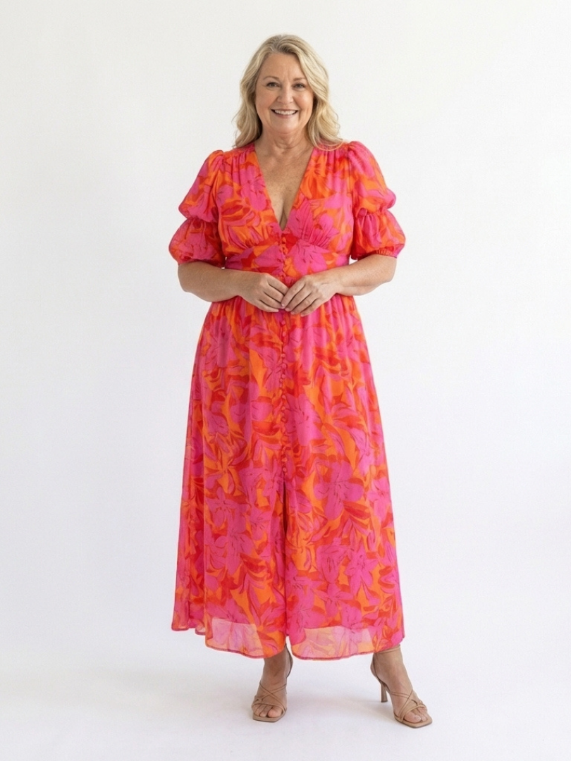 Willow | Rochie Midi cu Mâneci Puff și Decolteu în V cu Model Floral