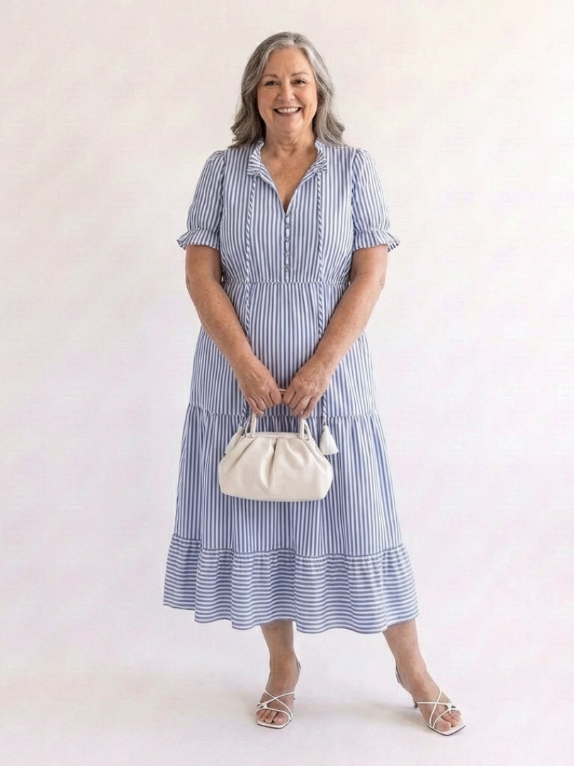Dakota | Rochie midi cu mânecă scurtă și dungi