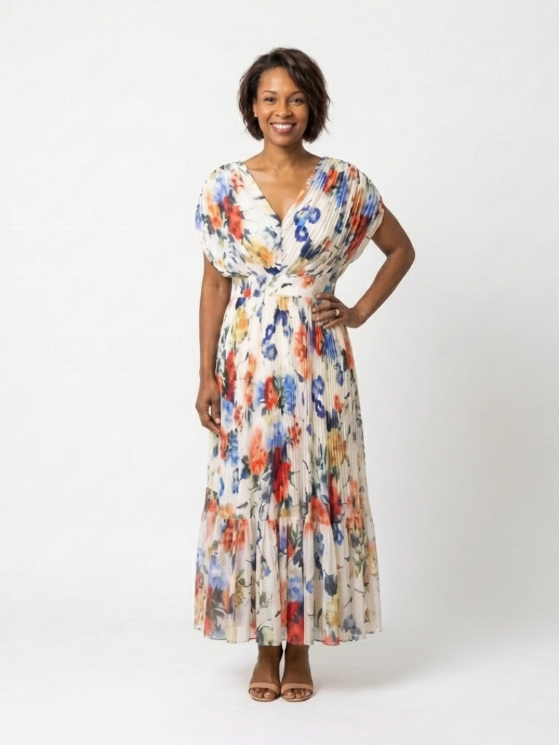 Savannah | Rochie Midi Florală Plisată cu Mâneci Scurte