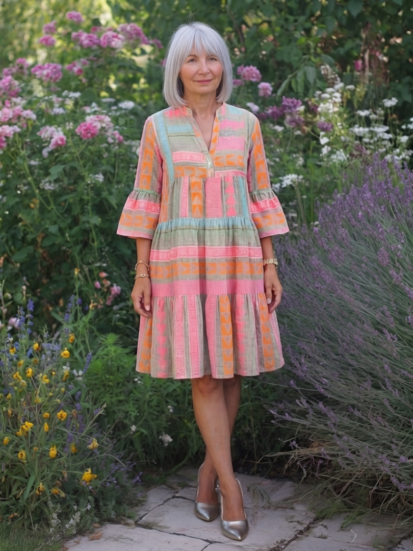 Maelle | Rochie cu imprimeu geometric, decolteu în V, lungime până la genunchi