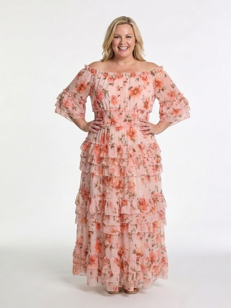 Rosalie | Rochie Maxi cu Flori și Volane pe Umeri