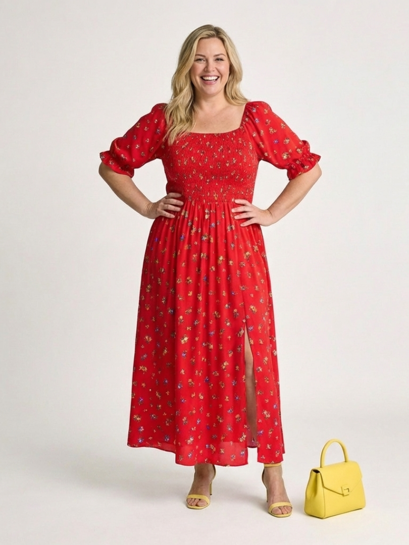 Delphine | Rochie Midi cu Guler Patrat și Mâneci Puff Florale