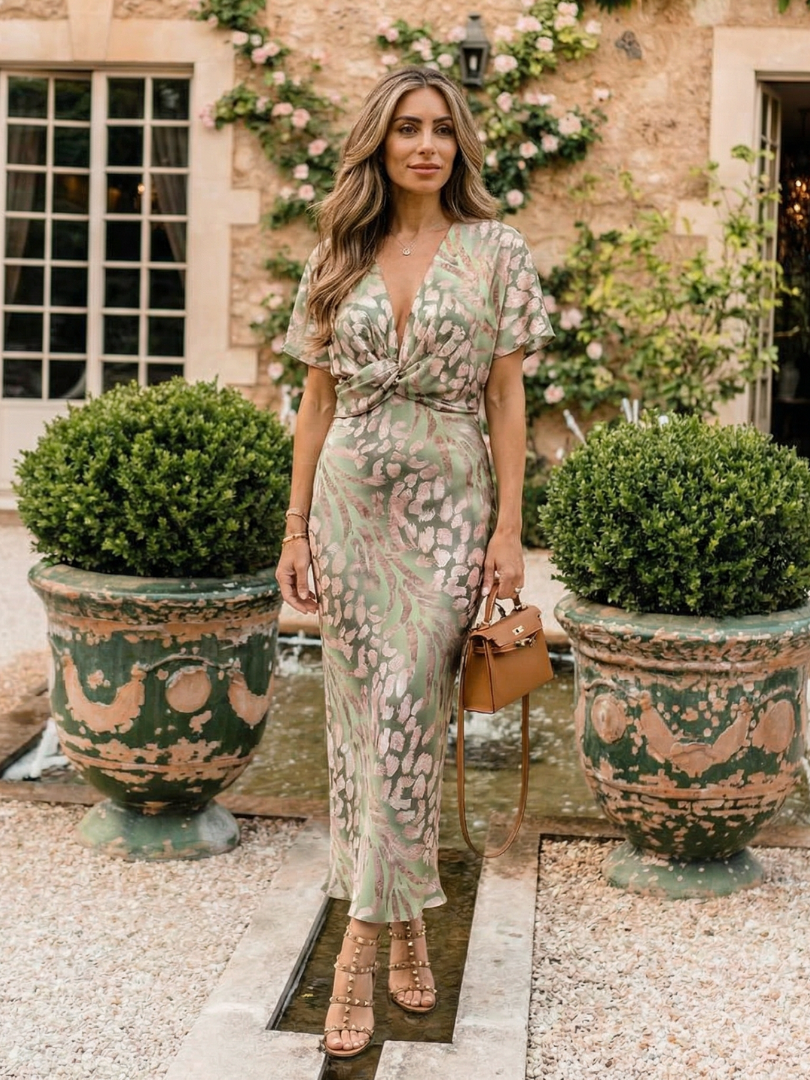 Coralie | Rochie Midi cu Imprimare Abstractă, Decolteu în V și Talie Răsucită