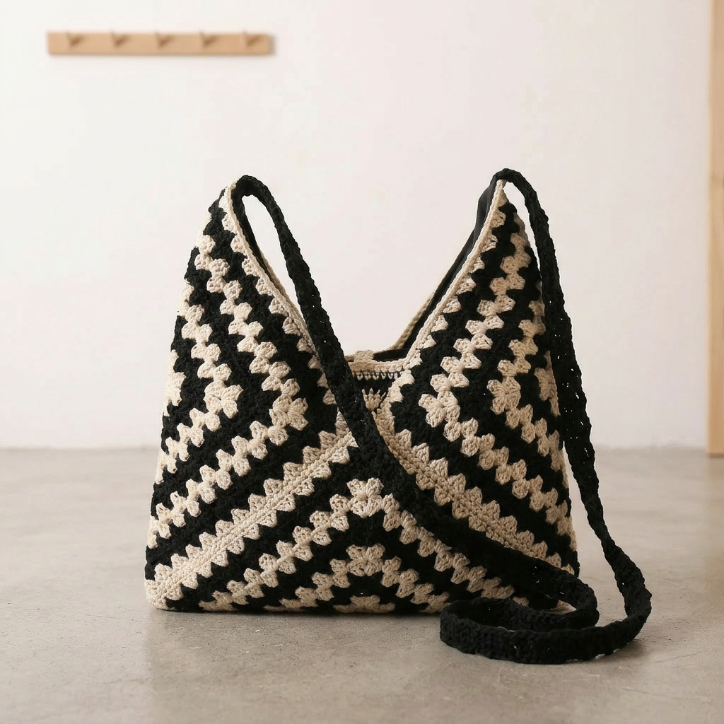 Boho - Geantă de umăr croșetată cu model Chevron