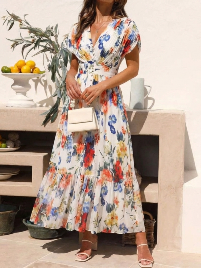 Savannah | Rochie Midi Florală Plisată cu Mâneci Scurte