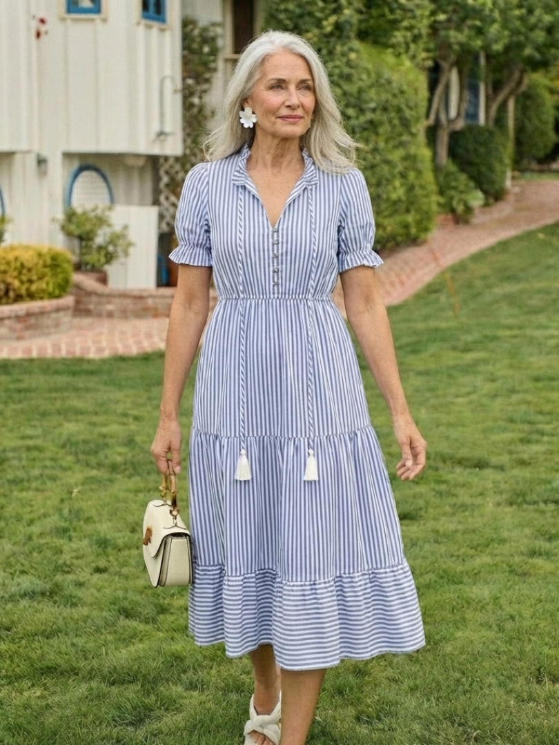 Dakota | Rochie midi cu mânecă scurtă și dungi